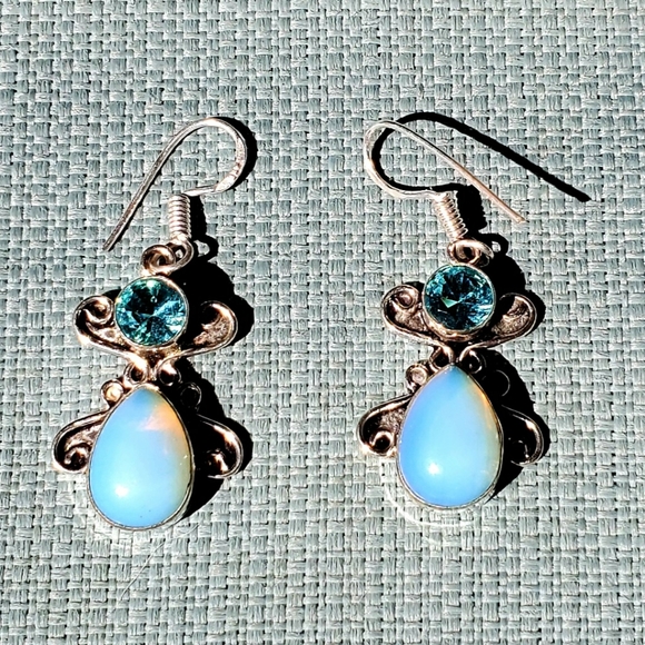 New Fiery Opalite and Blue Quartz Silver Earrings. - Picture 10 of 12